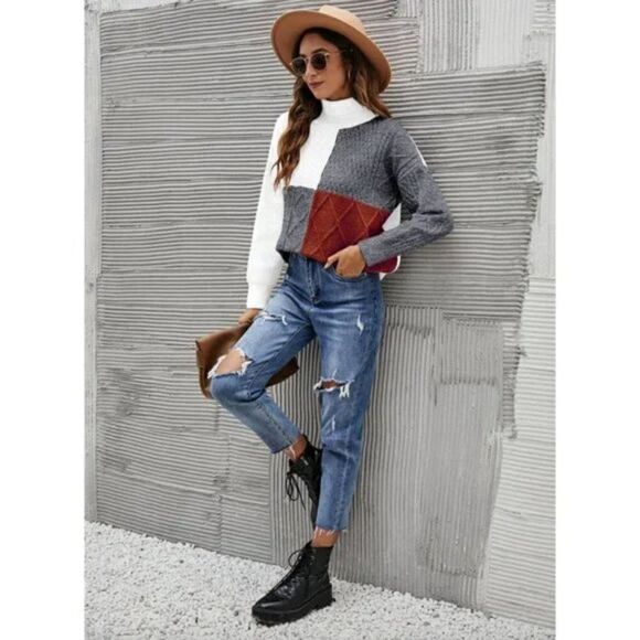 Red & Gray Colorblock Print Cable Knit Turtleneck Long Sleeve Pullover Sweater - Picture 7 of 10